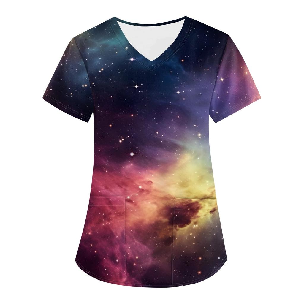 Женская модная астральная принтованная футболка с коротким рукавом и V-образным вырезом с маленьким карманом