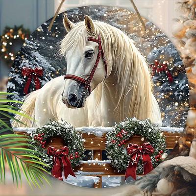 Теплая зимняя деревянная рождественская табличка с узором белой лошади, круглая рождественская табличка для декора на входную дверь или стену, идеальный рождественский подарок