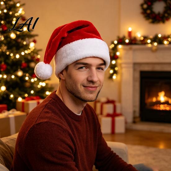 Winter Holiday Decorations Christmas Santa Hat Flannel Plush Hat for Adults Soft Thickened Adults Kids Headwear Red White Velvet Cap Parties