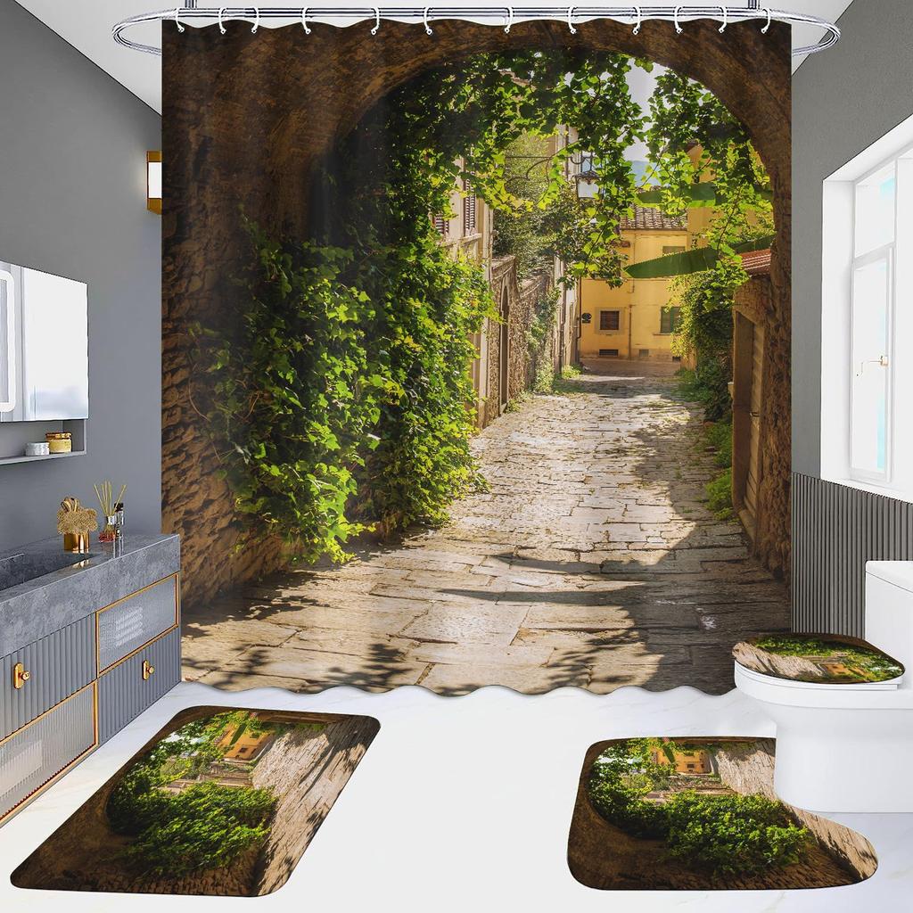 4 шт., наборы занавесок для душа в европейском стиле с архитектурой замка Мандала для ванной комнаты, нескользящие коврики для ванной комнаты, крышка для унитаза, коврик для ванной