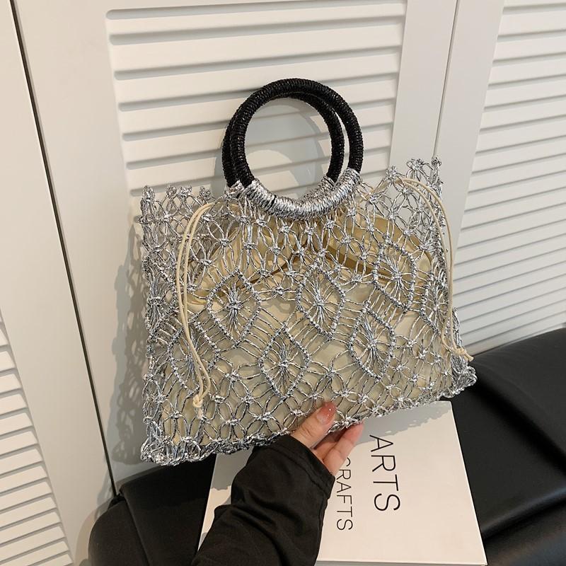 Summer Woven Straw Tote Bag For Beach Vacation With Hollow Cutout Design For Casual Wear