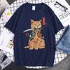 Летняя унисекс футболка с коротким рукавом из 100% хлопка, дышащая, с персонализированным принтом 'Самурайский кот', для повседневной носки, свободного кроя, в стиле хип-хоп