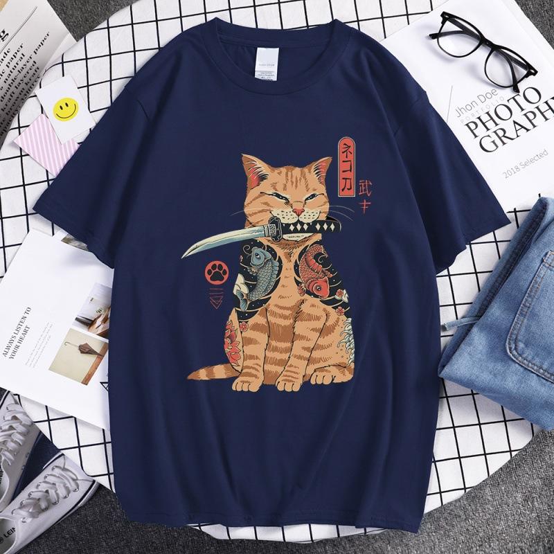 Летняя унисекс футболка с коротким рукавом из 100% хлопка, дышащая, с персонализированным принтом 'Самурайский кот', для повседневной носки, свободного кроя, в стиле хип-хоп
