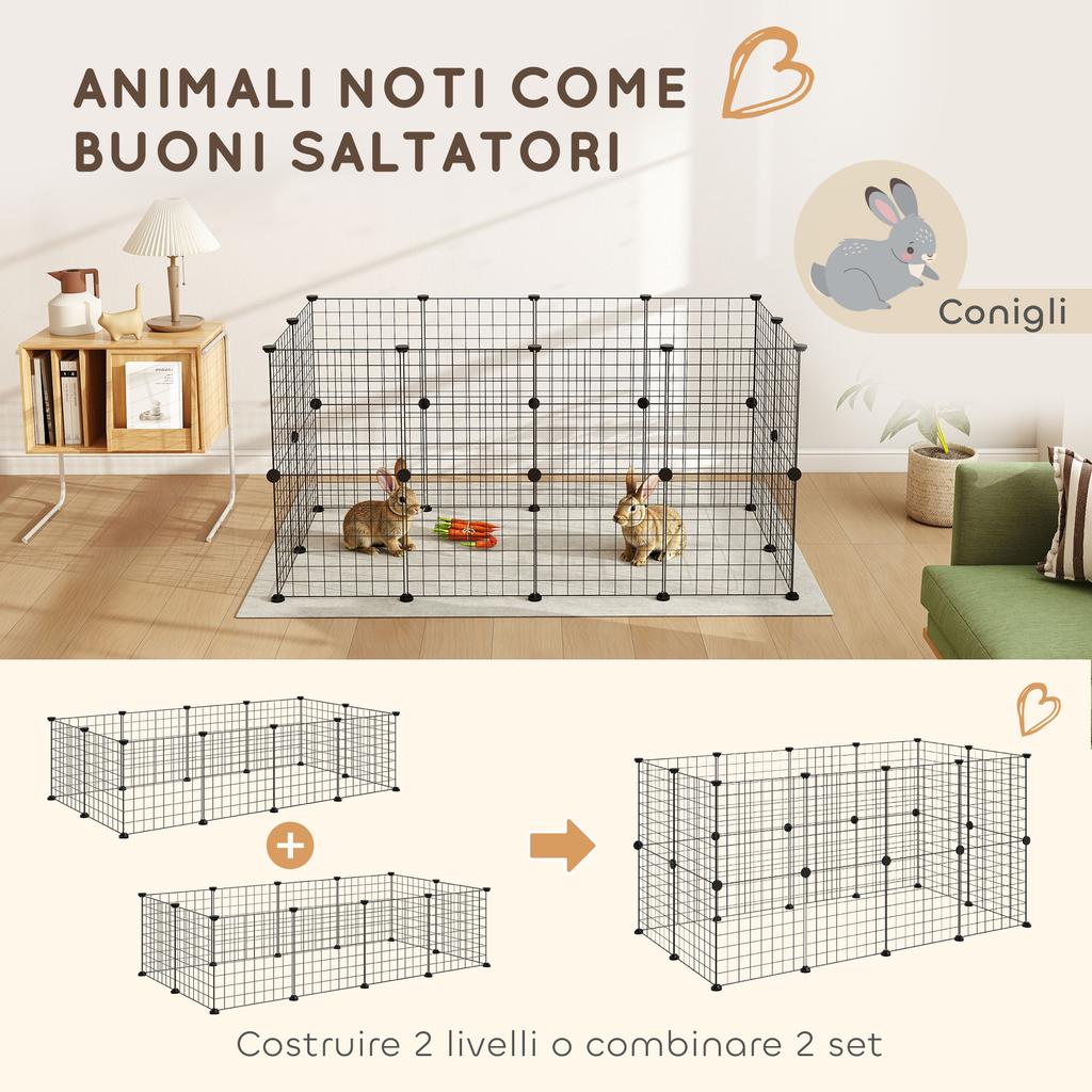 Modular Small Animal Enclosure with Panels and Accessories, Indoor Metal Hedgehog Cage for Guinea Pigs and Hedgehogs, 106x73x36 cm, Black