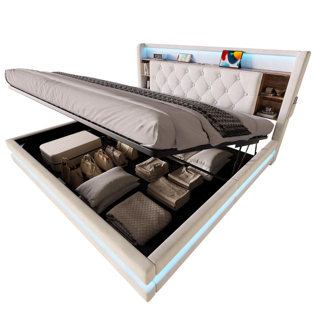 180 × 200 cm Upholstered Bed with Storage, Velvet Bed with Multifunctional Headboard, LED Lighting, 2 USB & Type-C Port, Hydraulic, Beige