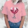 Fashion Pink Wine Glass Printed T-Shirts Women Summer Casual Short Sleeved T-Shirts Round Neck Tops