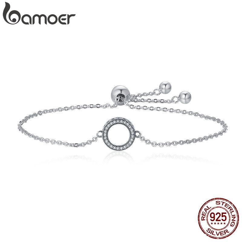BAMOER Trendy 925 Sterling Silver Glittering Round Circle Chain Link Strand Bracelets