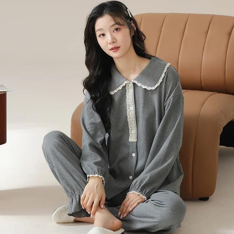 Осенне-зимняя хлопковая пижама для женщин, с длинными рукавами, женская одежда для сна, кардиган, пижамы с V-образным вырезом, японская женская домашняя одежда