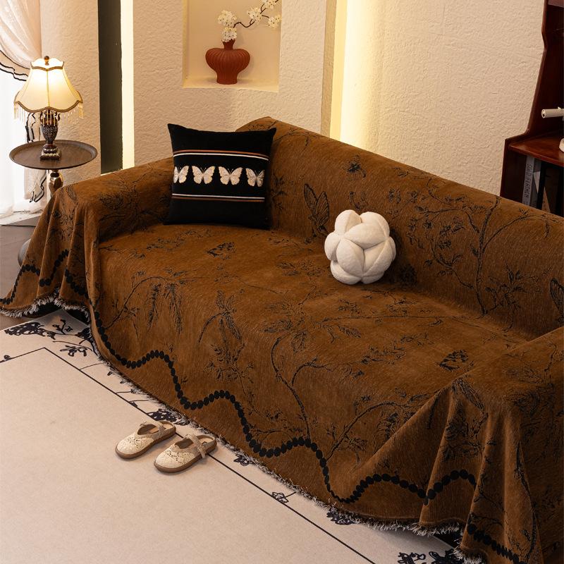 French Wave Striped Sofa Towel Plant Flower Pattern Chenille Settee Mat All Season UseAnti Cat Scratch Anti Slip Home Decoration