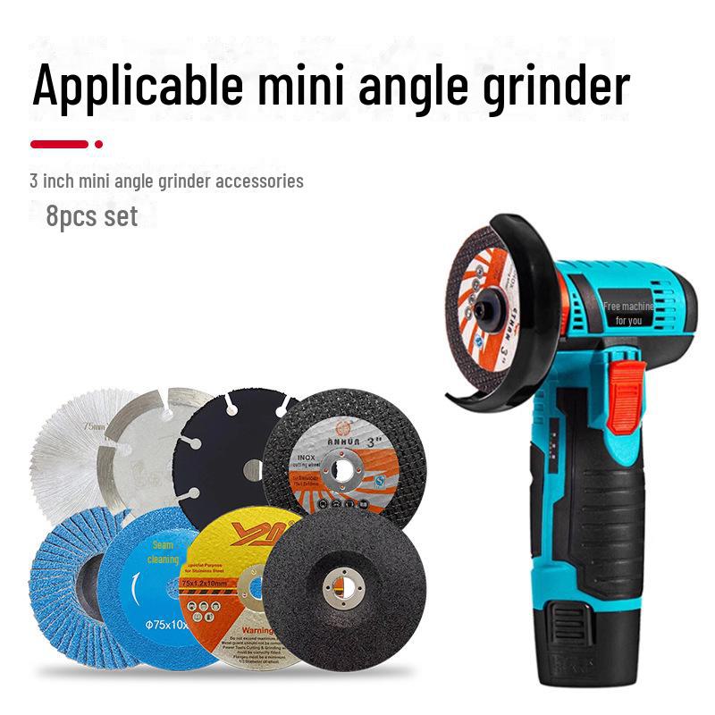 3" Mini Angle Grinder 8-Piece Set: 75x1.2x10mm Brazing Cutting & Grinding Blades