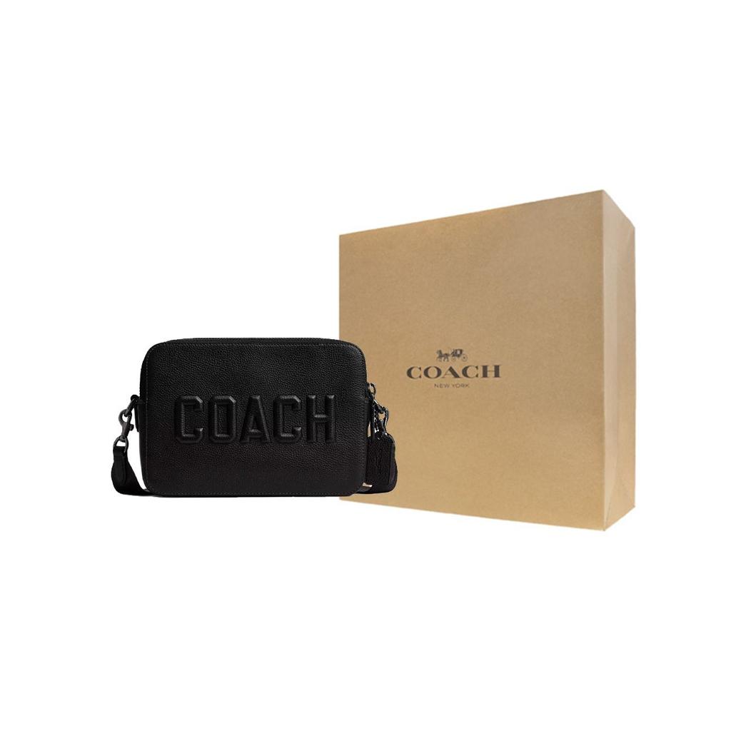 Coach Charter 24 Brand Logo Zipper Closure Leather Shoulder Crossbody Bag Medium Men bags Black CV931-BLK
