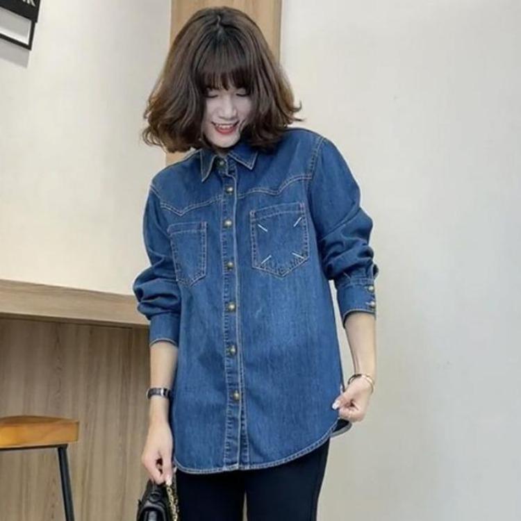 Vintage Denim Blue Blouse for Women Casual Loose Long Sleeve Button Autumn Outerwear