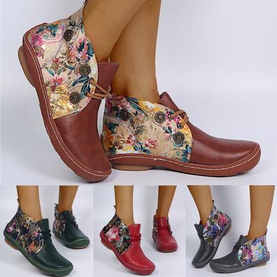 Женские кожаные короткие ботильоны на плоской подошве со шнуровкой и цветочным принтом в стиле ретро, ​​туфли с круглым носком