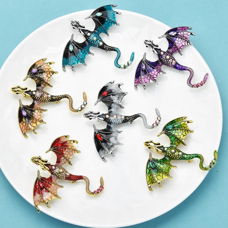 Enamel Dragon Brooches For Women Men 6-color Rhinestone Flying Legand Animal Party Office Brooch Pins Gifts
