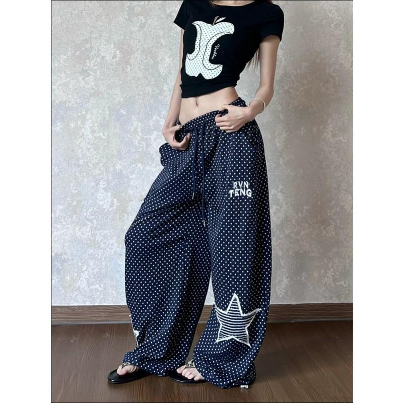 Vintage Star Embroidered Polka Dot Jazz Dance Pants Women Loose Fit Y2K Streetwear