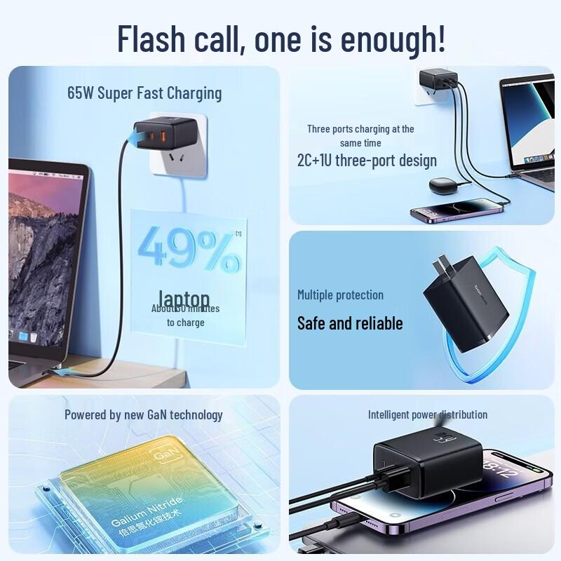 Baseus Быстрое многопортовое зарядное устройство GaN USB-C мощностью 65 Вт