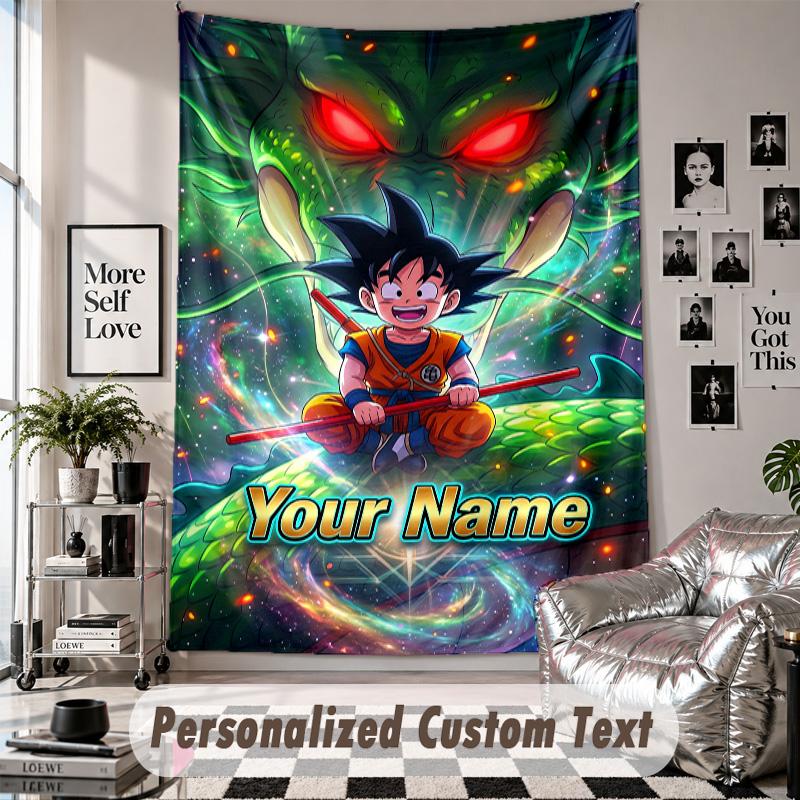 Wall Hanging Tapestry With Custom Name & Text, Dragon Ball Decorative Tapestry For Bedroom