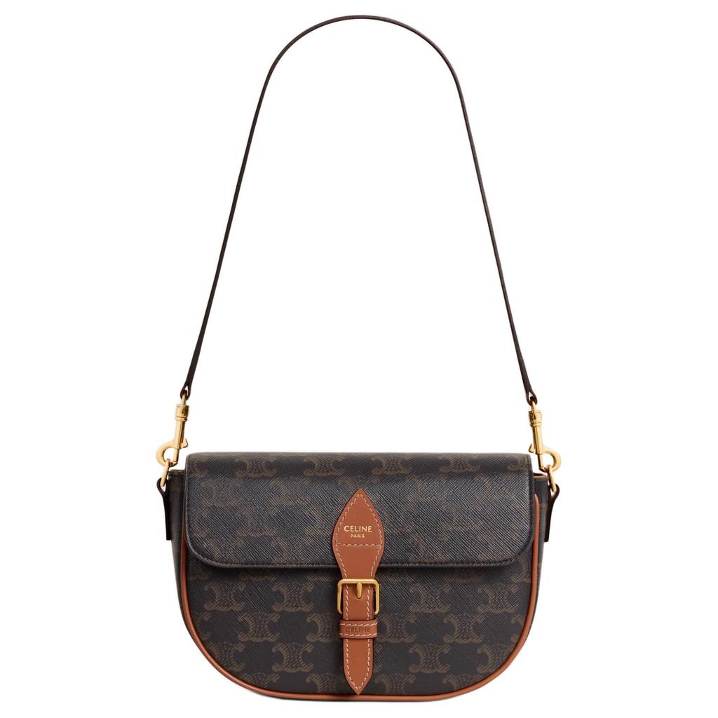 Celine Folco Brand Logo Print Design Leather Trim Shoulder Bag Women Shoulder Bag Brown 122652GTL-04LU