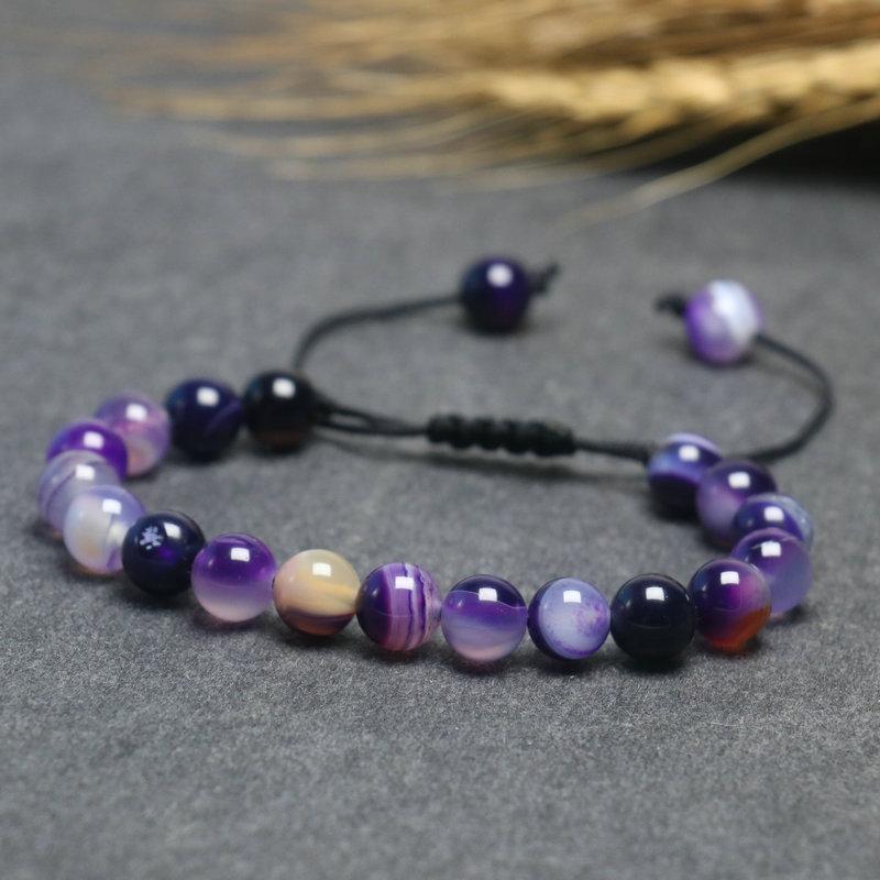 Beads Bracelet For Women 8mm Stone Purple Stripes Agate Braid Rope Charm Bracelet Couples Meditation Bracelet For Men Jewelry