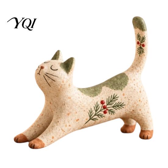Creative Office Ornaments Woodland Christmas Cat Figurine, Resin Statue with Holly & Detailed Home Accents Pine Details, Rustic Holiday Tabletop Decor
