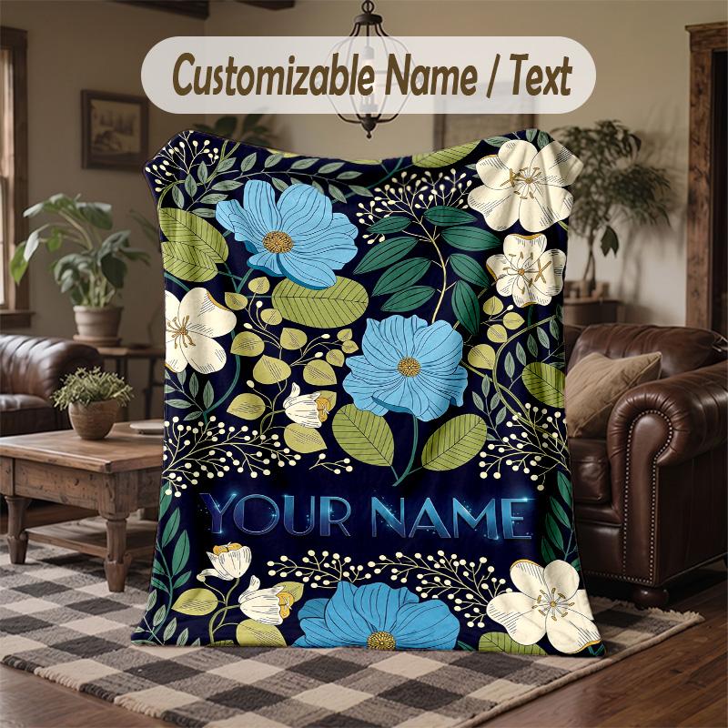 Floral Nature Illustration Theme Throw Blanket Custom Name Text Personalized Blanket Soft Cozy Blanket for Home Sofa Bed