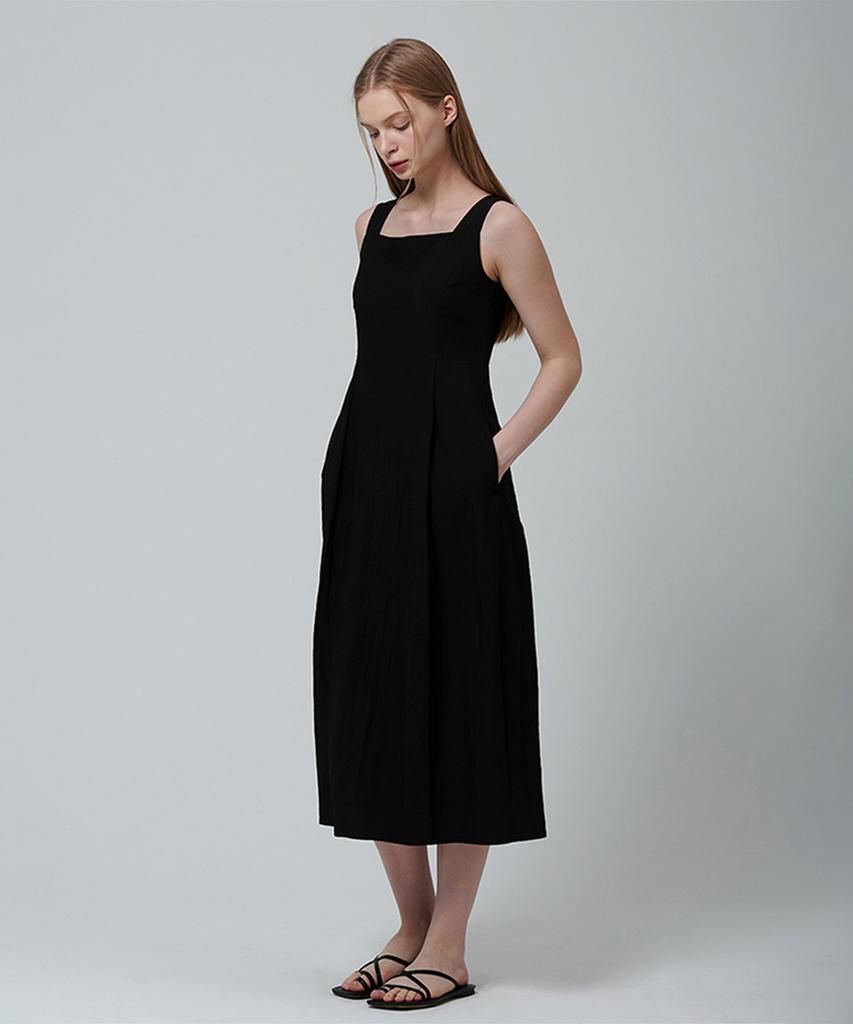 Pin Black Square Neck Pintuck Sleeveless Dress Black