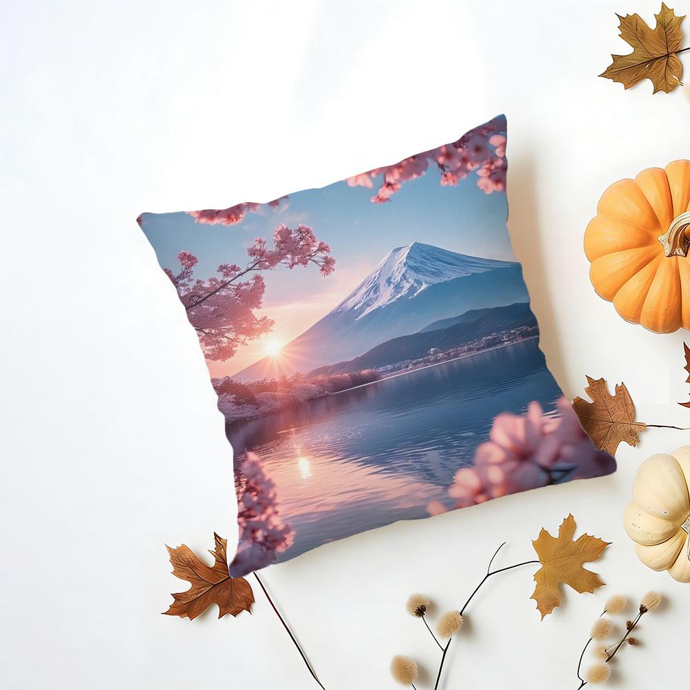 Japanese Cherry Blossom Fuji Mountain Sunset Cushion Cover Washable Linen Pillowcase Soft for Daily Sofa Bed Home Room Decor
