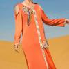 Muslim Women's Orange Handmade Rhinestone Long Dress with Belt Robe Ramadan