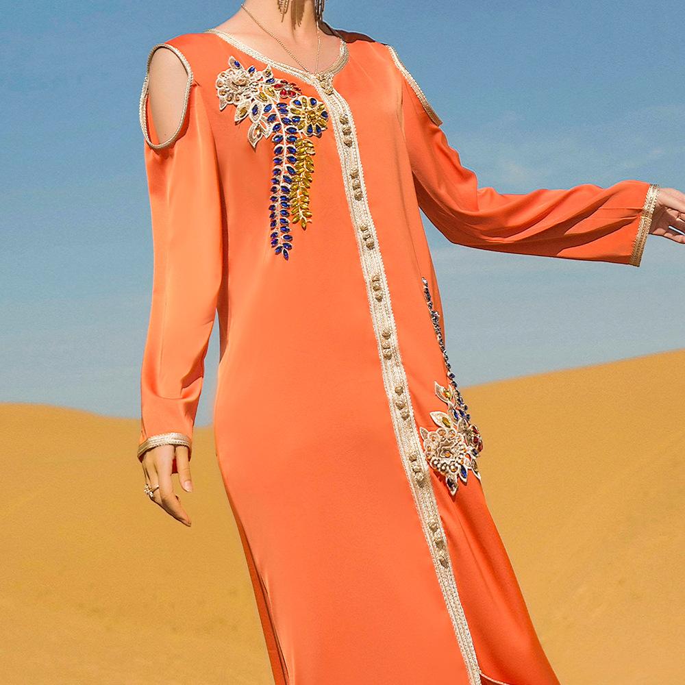 Muslim Women's Orange Handmade Rhinestone Long Dress with Belt Robe Ramadan