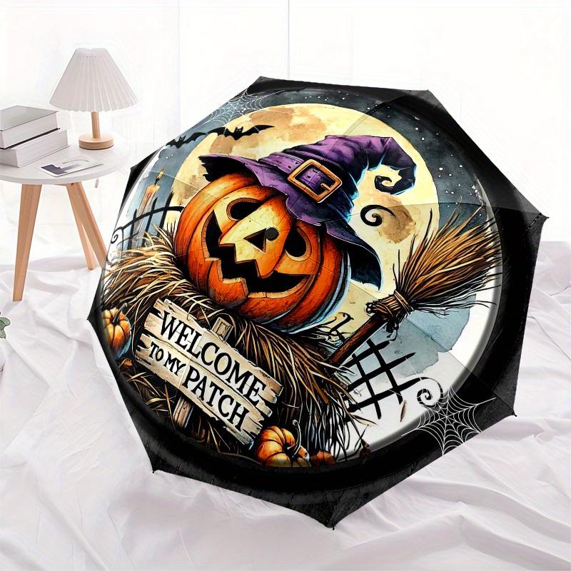 Halloween Decorative Plate with Witch Hat PumpkinDesignUmbrella, Portable 3-Fold Compact Umbrella for Men & Women Gift
