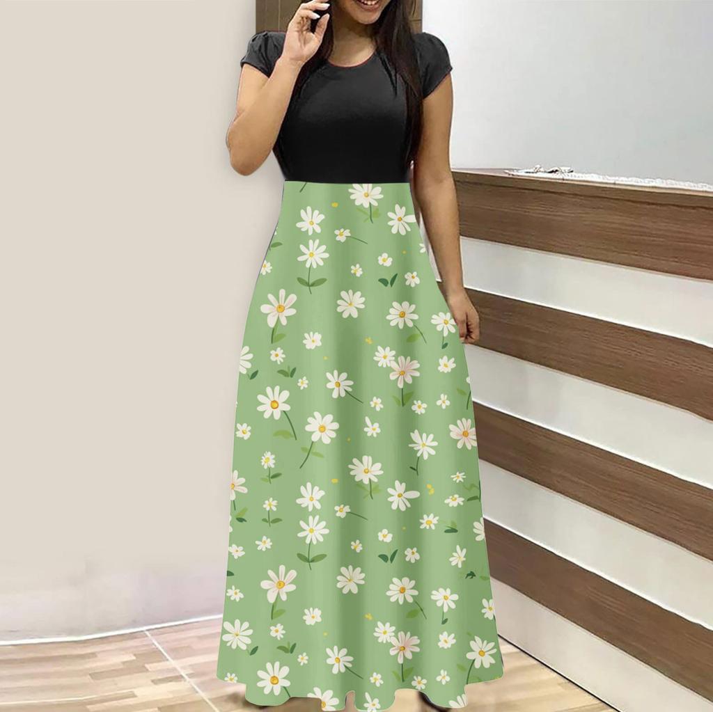 Женская мода повседневные свободные принтованные платья с круглым вырезом и коротким рукавом длинные платья с коротким рукавом длинные платья