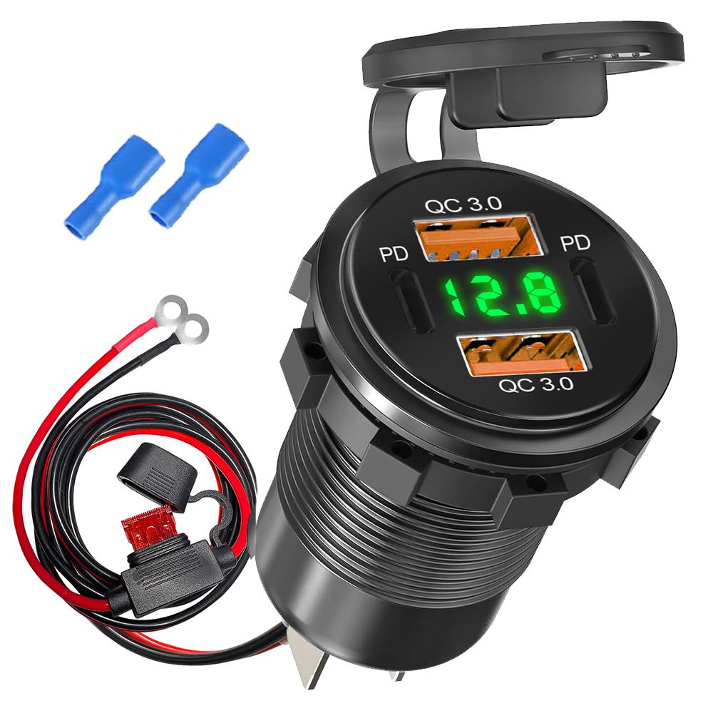 4-портовое USB быстрое зарядное устройство Алюминиевое двойное PD и двойное QC3.0 автомобильное зарядное устройство со светодиодным вольтметром для автомобилей 12 В/24 В, лодок, мотоциклов