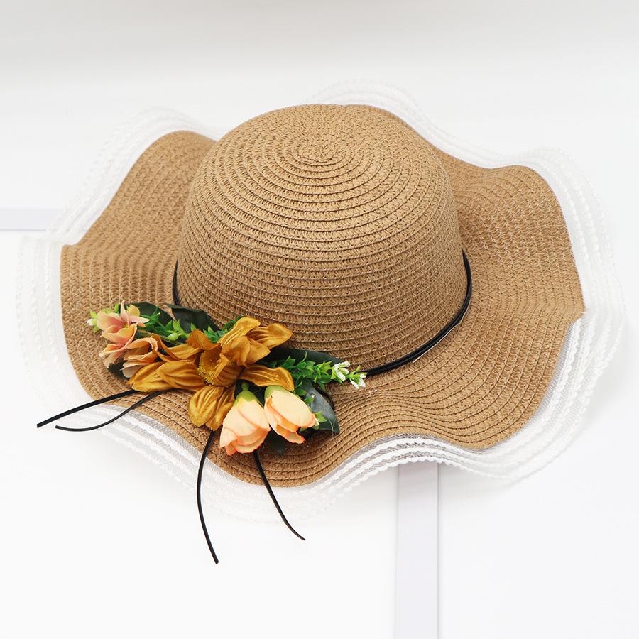WTEMPO Летняя соломенная шляпа со свежими цветами и волнистыми краями, женская соломенная шляпа с большим карнизом, солнцезащитный козырек, уличная дорожная шляпа от солнца