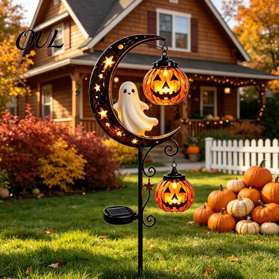 Decorative Metal Yard Stakes Solar Halloween Garden Stake Light, Auto On/Off Crescent Moon Black Cat with Hanging Spooky Outdoor Patio Accents Pumpkin