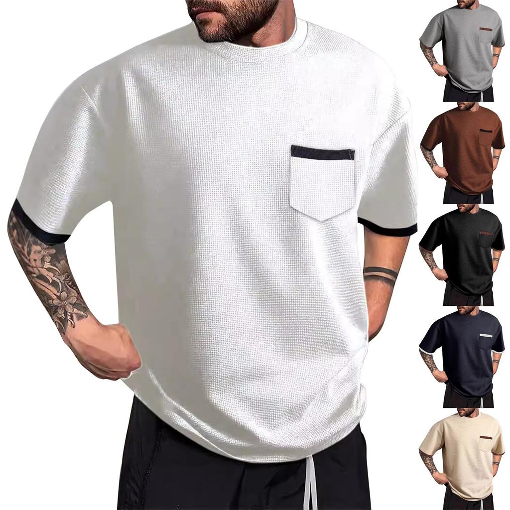 Men's Summer Colorblock Round Neck Loose Pocket Short Sleeve Top