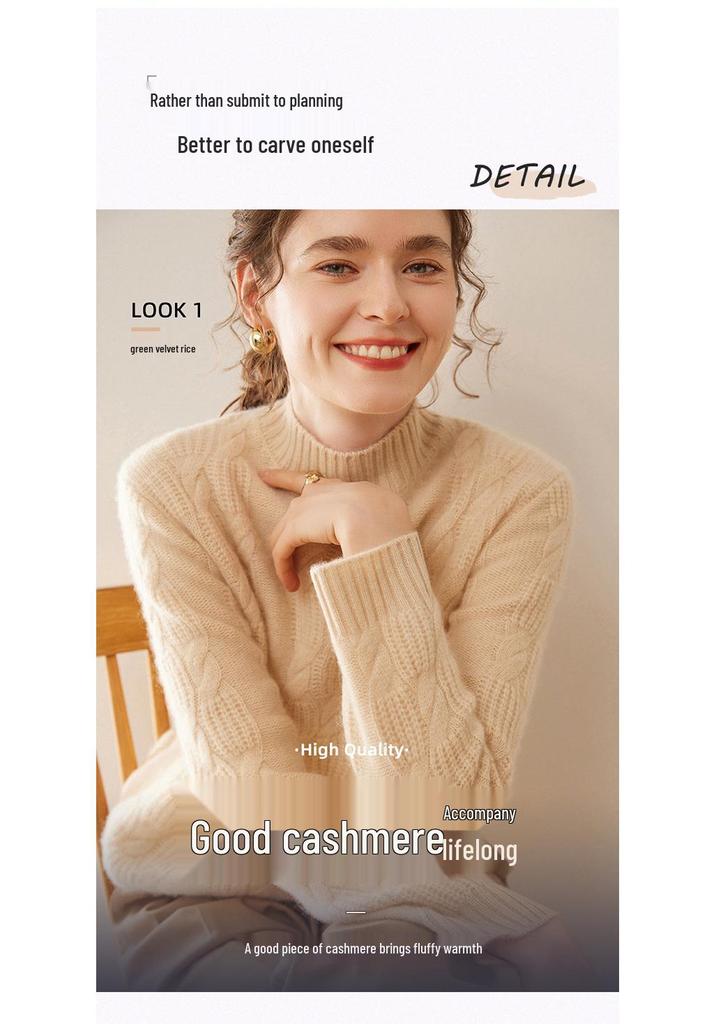 Women's Heavyweight Cashmere Jacquard Sweater - Thick Half-High Neck, Long Sleeve, Winter Knit Pullover