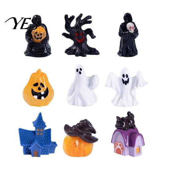 Small Halloween Collectible 3Pcs Mini Resin Figurines, Miniature Pumpkin Ghost Grim Reaper Tabletop Decoration Castle Statue for Spooky Fairy Garden,