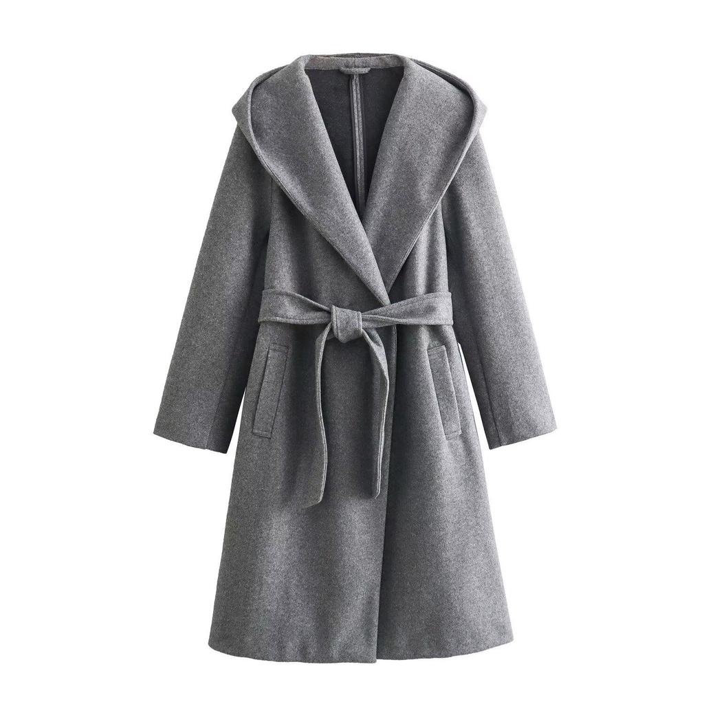 2024 Spring European & American Women's Solid Color Hooded Mid-Length Belted Woolen Coat