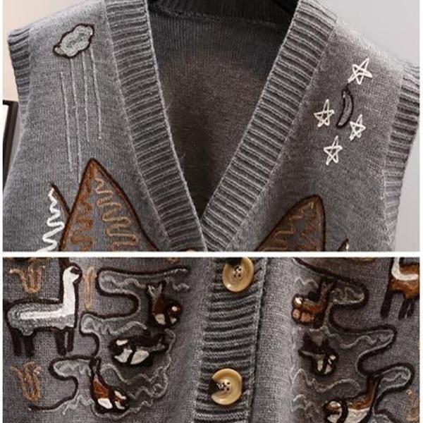 V-образный вырез трикотажный жилет женский винтажный однотонный вышитый свитер с косами новый корейский ретро весенне-осенний свободный топ без рукавов