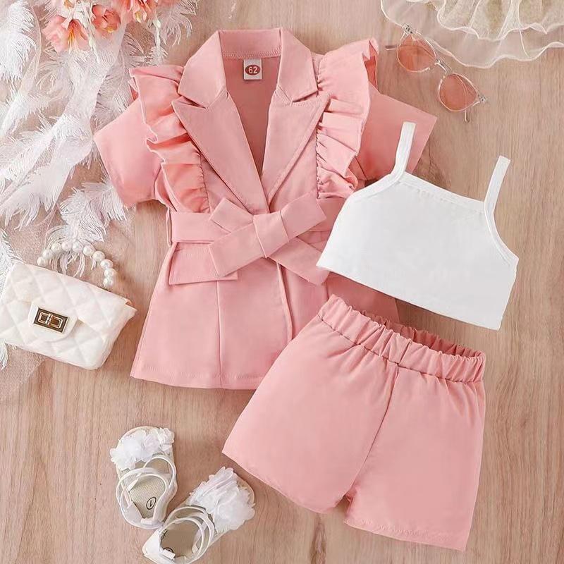 Girls' Fashion Suit Spring Summer Children's Casual Halter Solid Color Short-sleeved Lapel Suit Jacket Shorts Three-piece Suit
