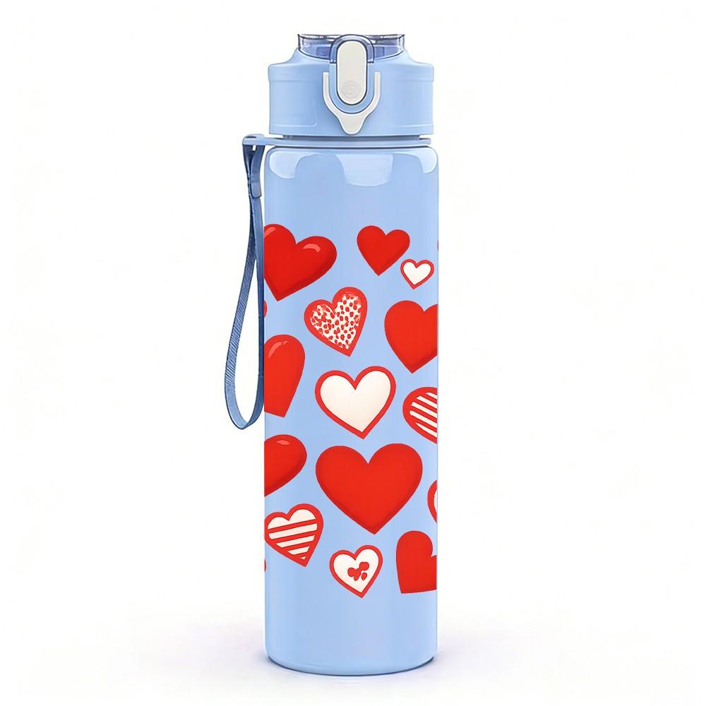 1PC Red Romantic Heart Love Pattern 750ml Color Plastic Sports Water Bottle Leakproof Flip Straw Lid Suitable for Sports Office Home Use