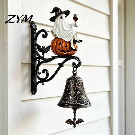 Illuminated Porch Hanging Halloween Light Up Ghost Pumpkin Doorbell, Vintage Resin Wall Bell with Spooky Yard Accessories Warm Glowing, Battery