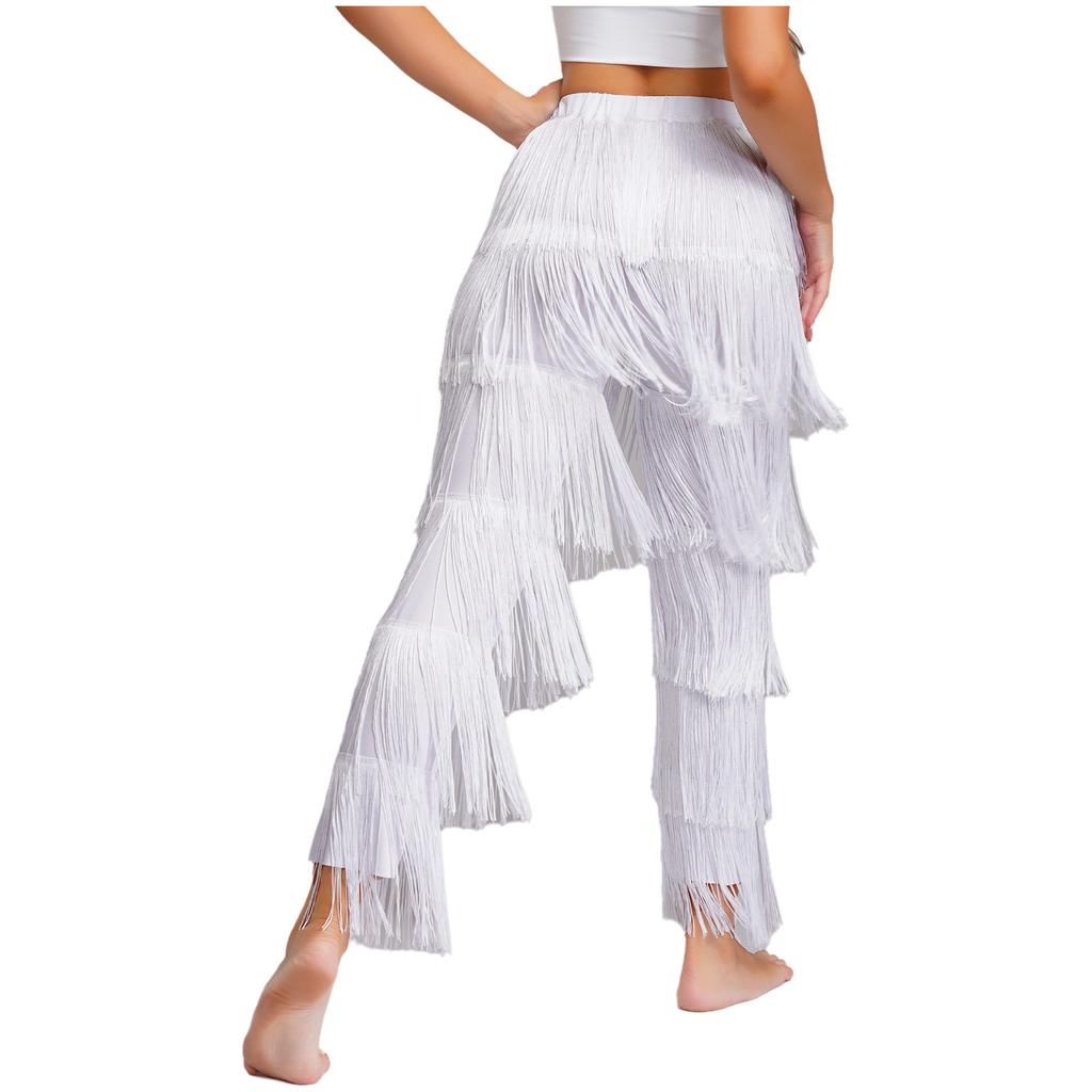 Womens Latin Dance Fringe Pants Elastic Waistband Contrast Color Tassel Trousers Cha Cha Tango Rumba