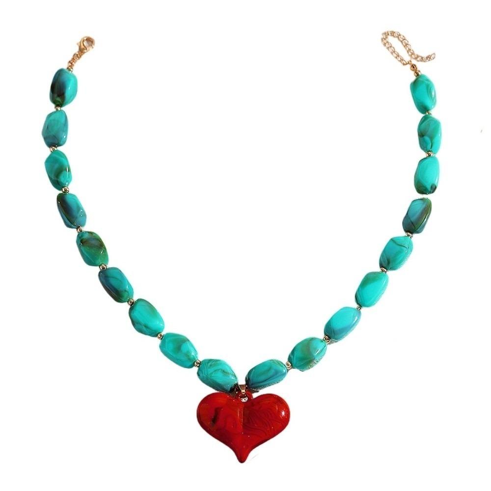 Colorful Heart Pendant Necklace Multi-Color Statement Jewelry Unique Bead Choker Vacation Wear