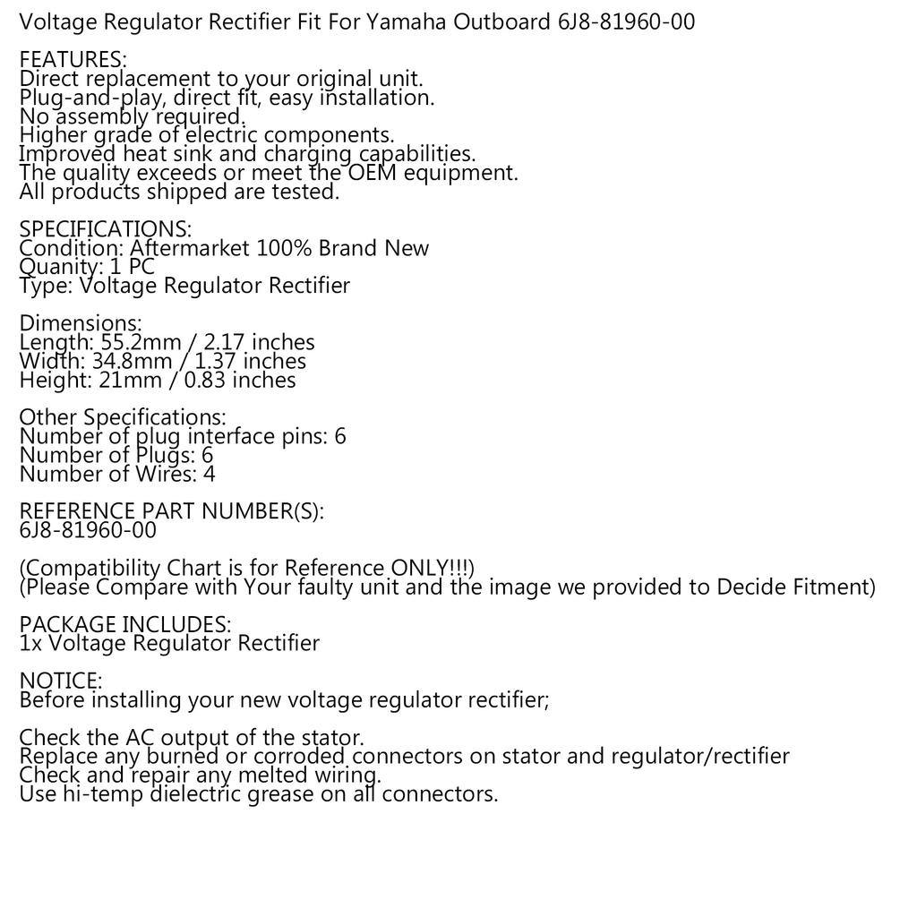 Rectifier Regulator Fit for Yamaha 6-50Hp S/L HS/L Outboard 6J8-81960-00-00