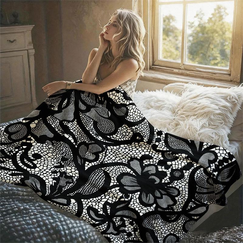 Black Lace Floral Flannel Blanket Warm Soft Halloween Christmas Decorative Couch Warm Cozy All-Season Gift