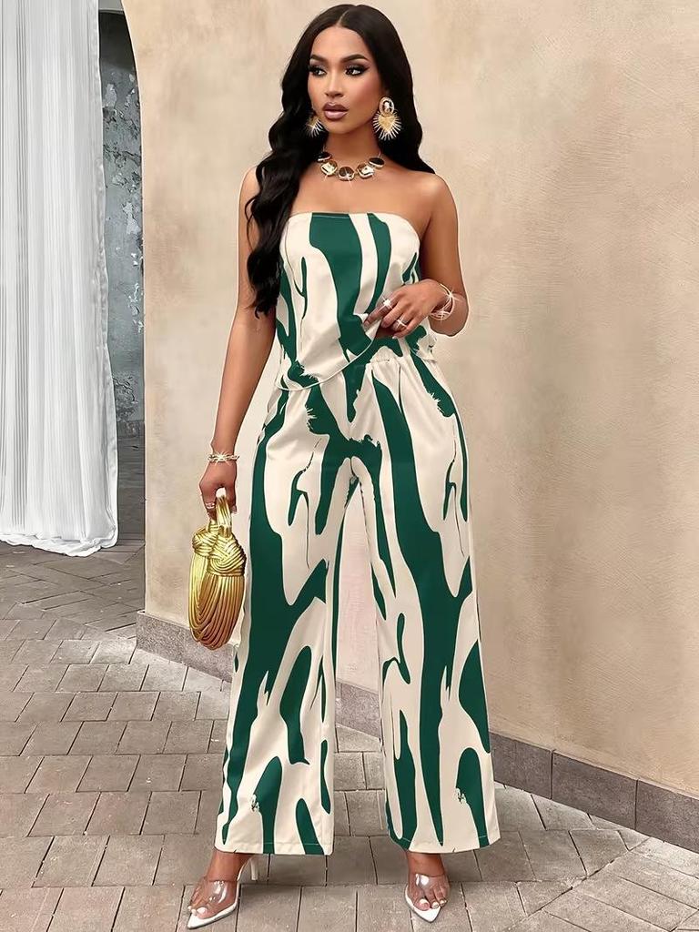 Summer 2026 Women's Printed Strapless Backless Top and Wide-Leg Pants Set