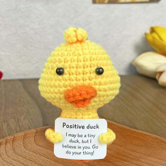 Positive Crochet Yellow Duck Doll with Encouraging Card Emotional Support Handmade Knitting Animal Decoration Ornament Kids Adults Stress Relief Toy