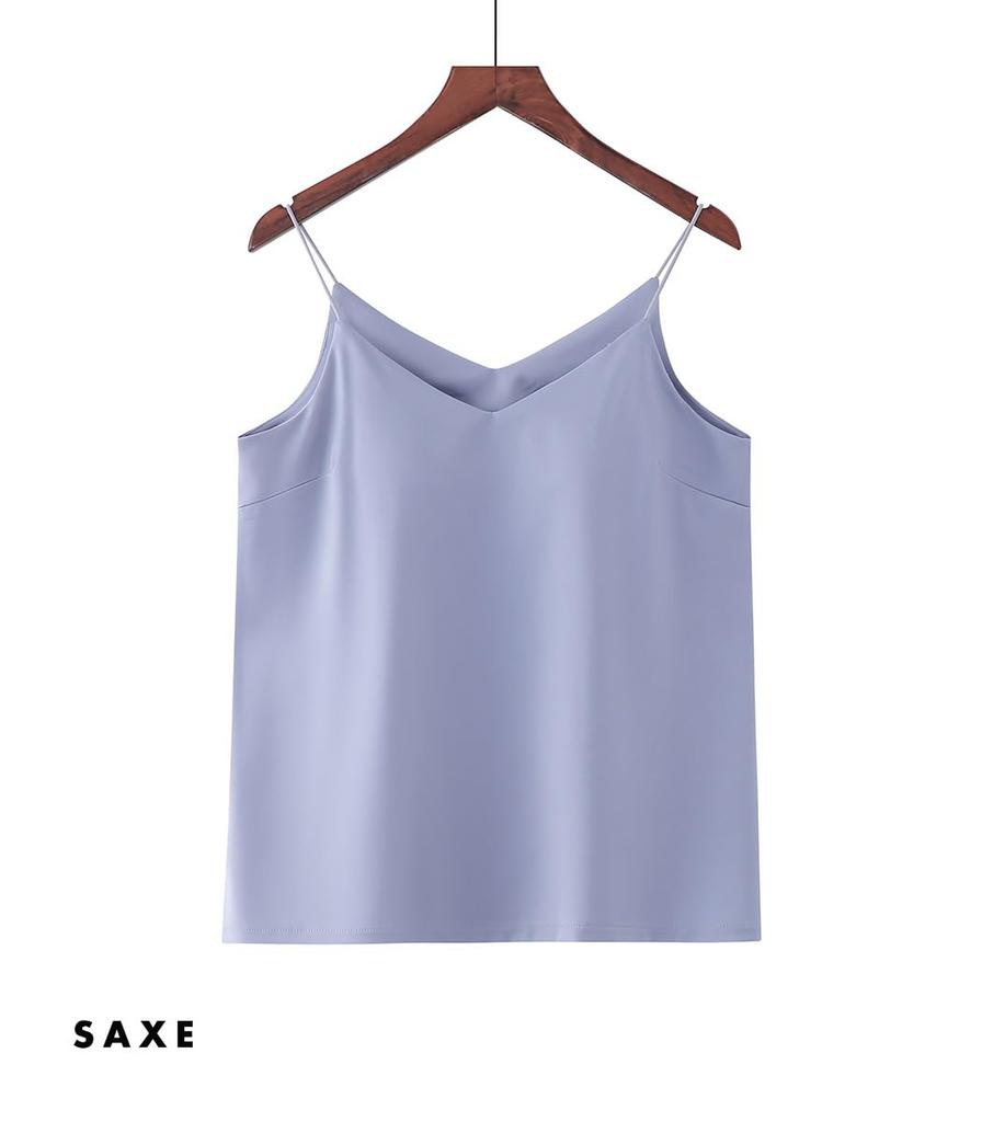 DAYCLOSET Майка с чашками tops2127 Женская, с атласным блеском, многослойная, легкая, весна, лето, осень, (Япония, Алфавит, XL, Стандартный, Сакс)