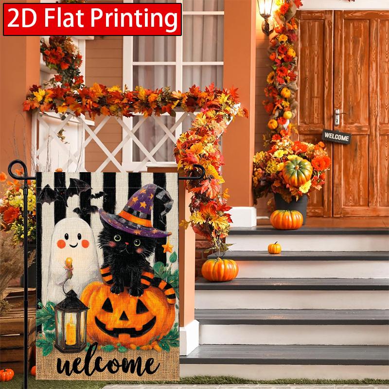 2D Flat - 2D Flat - 2D Flat Black And White Striped Ghost Black Cat Pumpkin Garden Flag 1-28X40 Inch Outdoor Garden Flag Double-Sided Home Decoration
